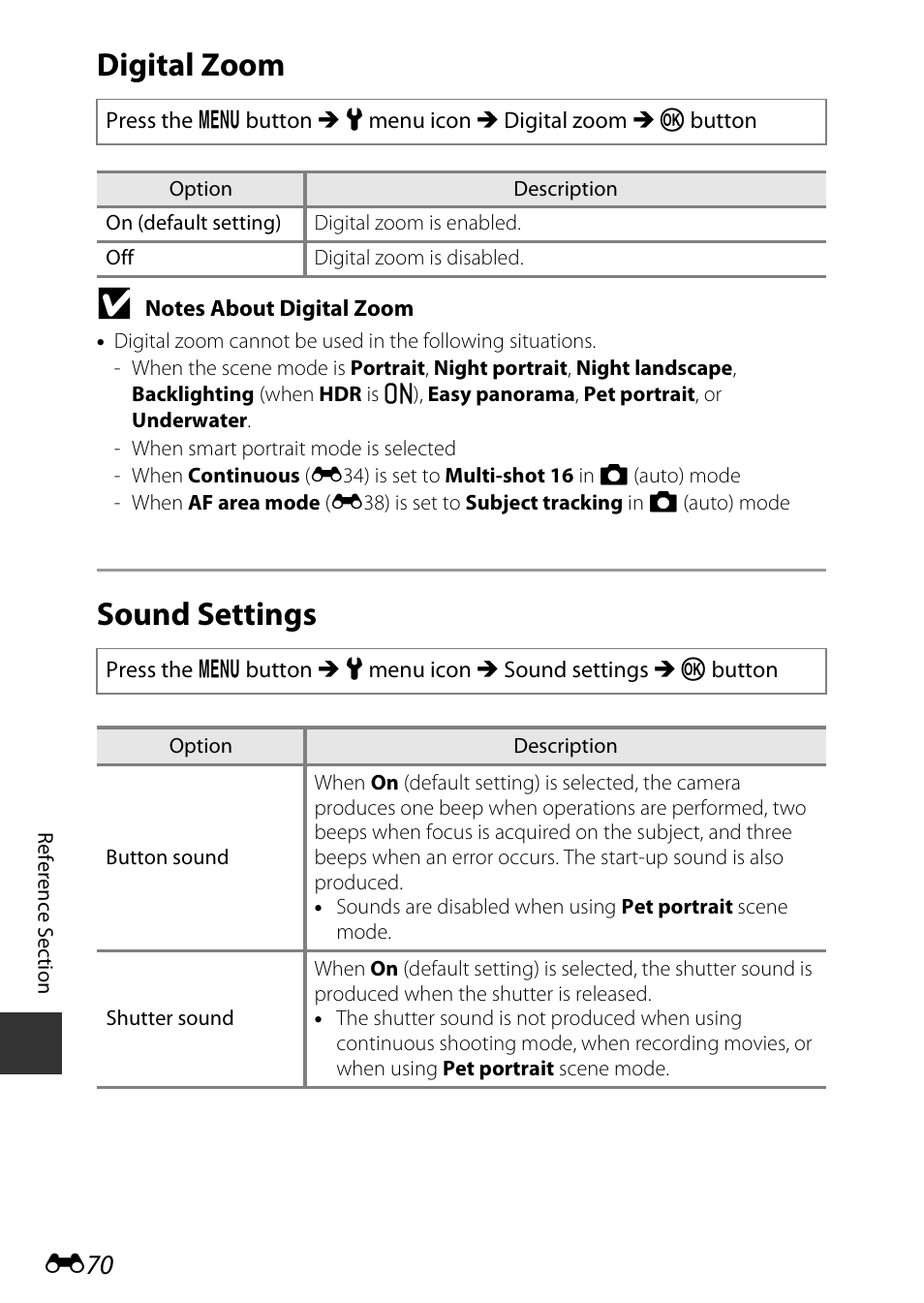 Digital zoom, Sound settings, E70) | Nikon AW120 User Manual | Page 198 / 270