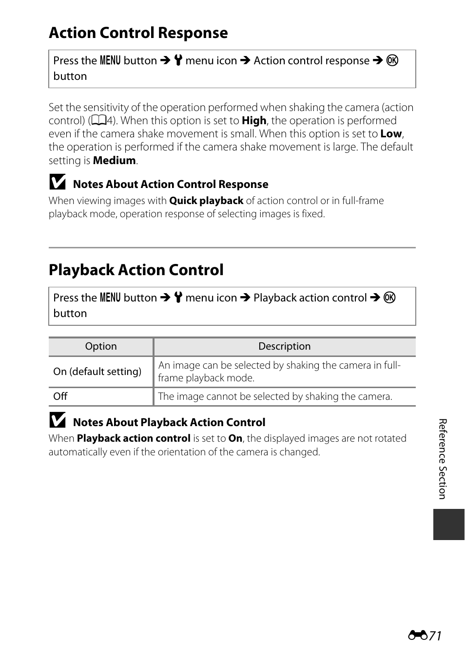 Action control response, Playback action control | Nikon AW120 User Manual | Page 199 / 270