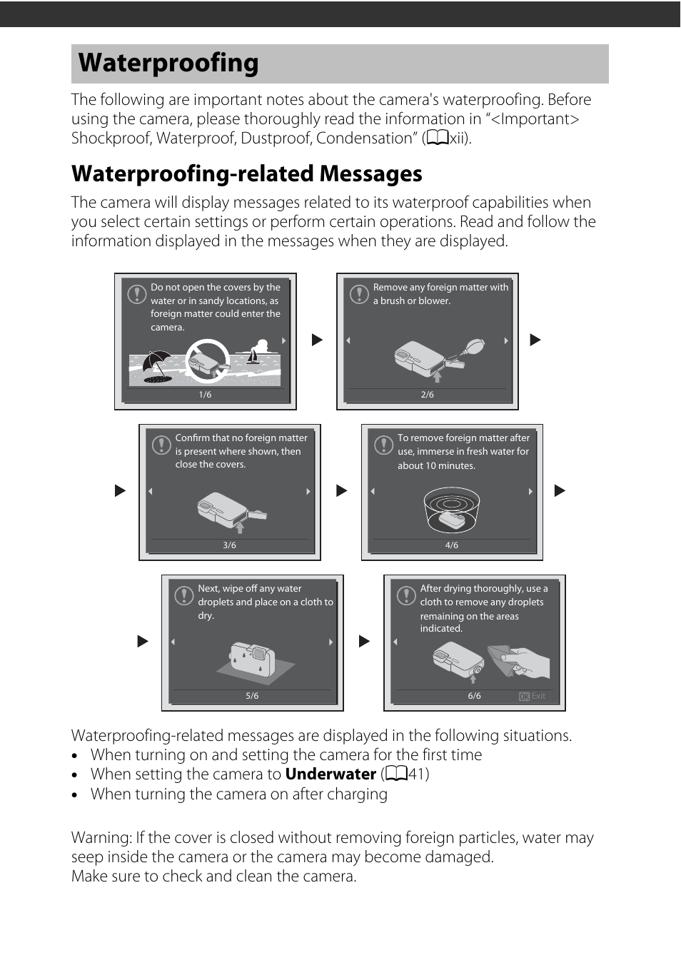 Waterproofing, Waterproofing-related messages | Nikon AW120 User Manual | Page 2 / 270