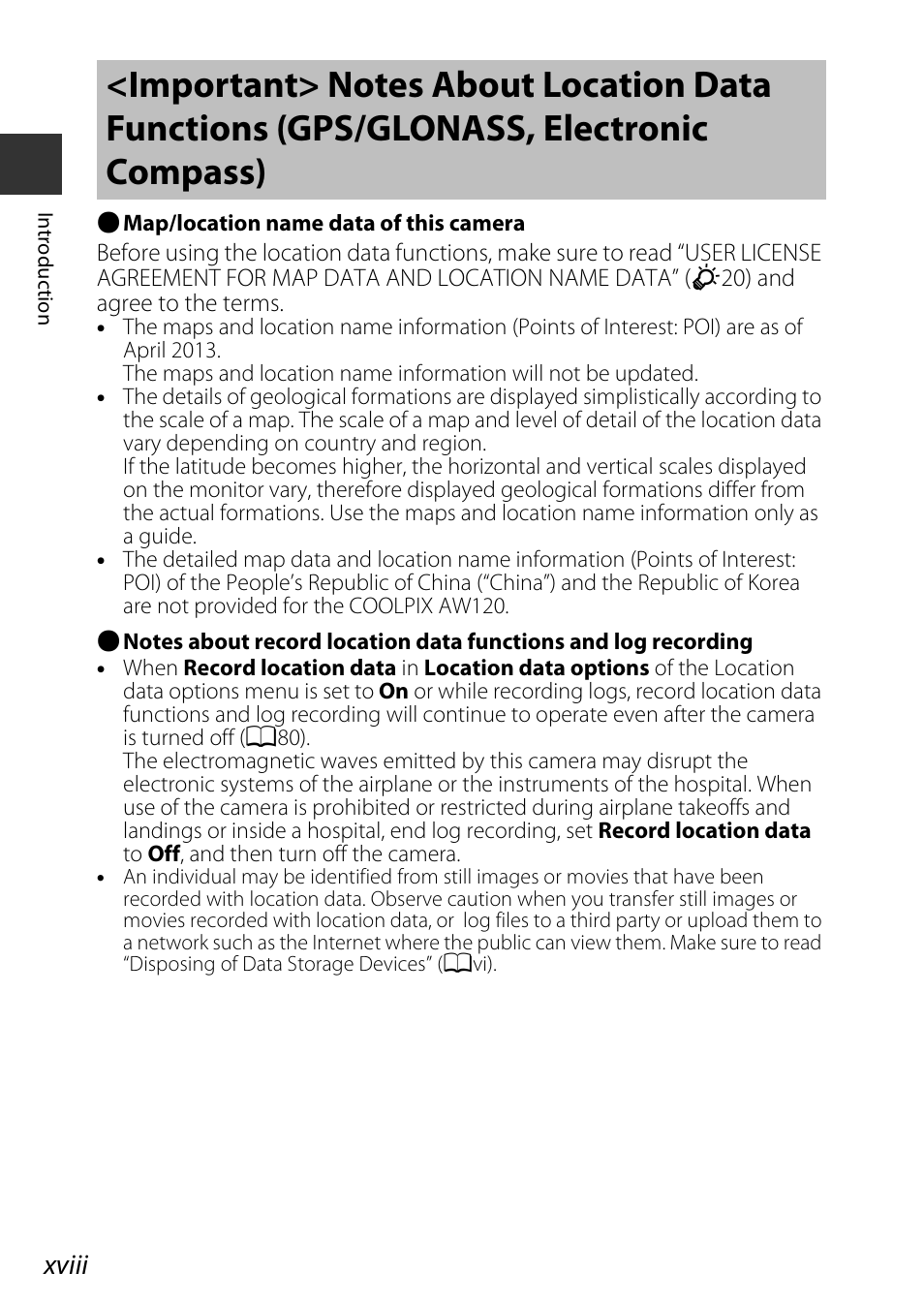 Axviii), and "wi-fi (wireless lan netw, Xviii | Nikon AW120 User Manual | Page 20 / 270