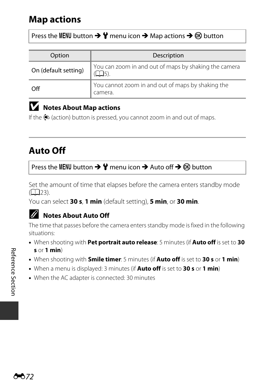 Map actions, Auto off | Nikon AW120 User Manual | Page 200 / 270