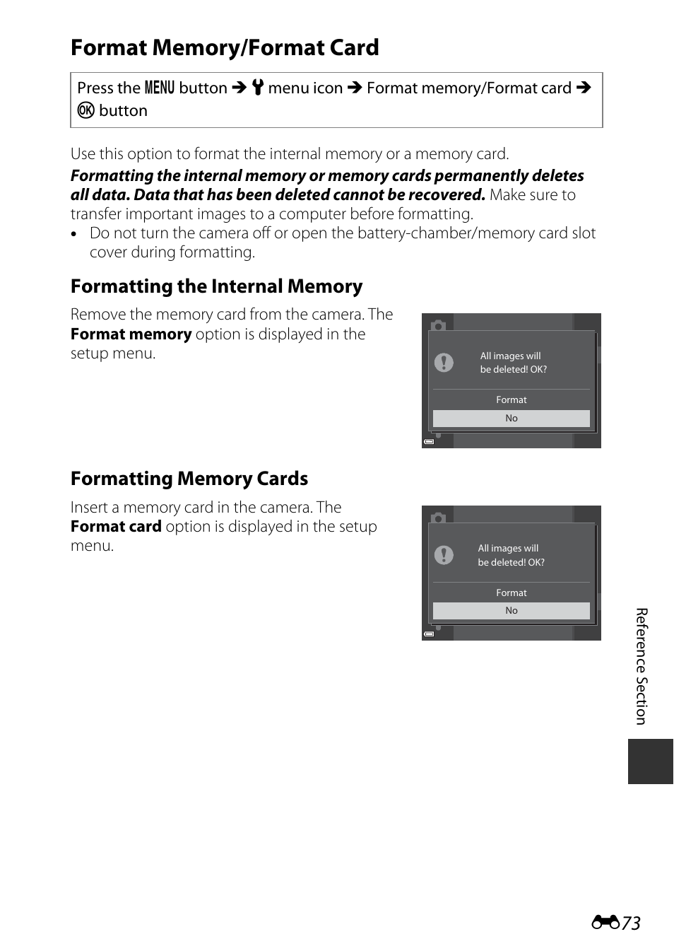 Format memory/format card, E73) | Nikon AW120 User Manual | Page 201 / 270