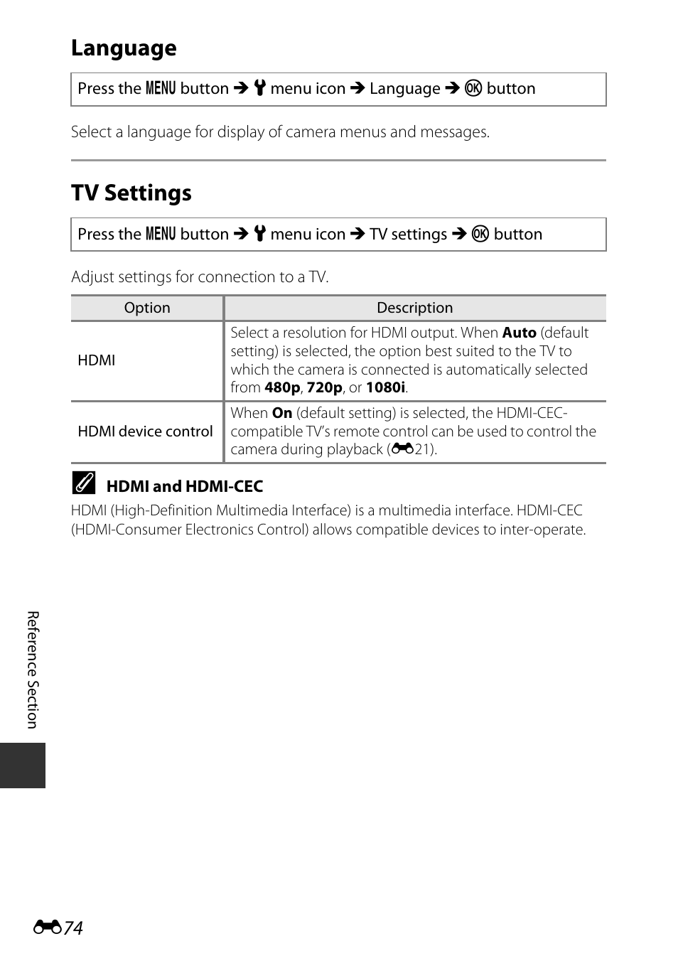 Language, Tv settings | Nikon AW120 User Manual | Page 202 / 270