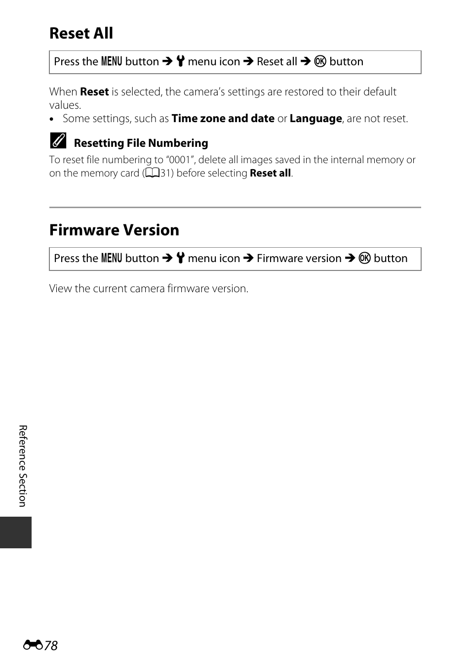 Reset all, Firmware version | Nikon AW120 User Manual | Page 206 / 270