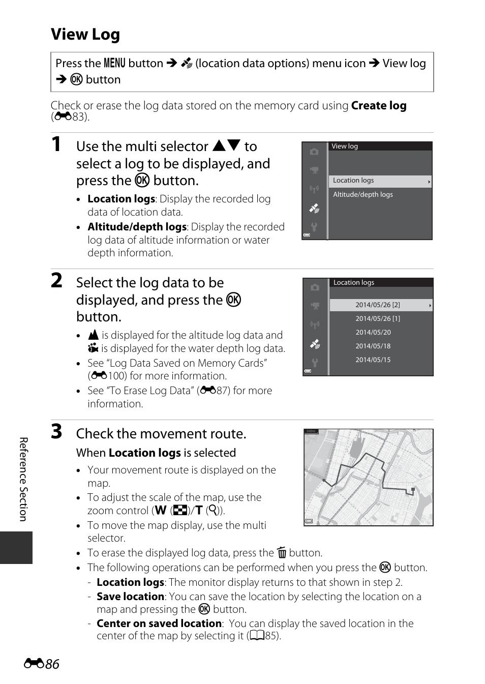 View log, E86), Check the movement route | Nikon AW120 User Manual | Page 214 / 270