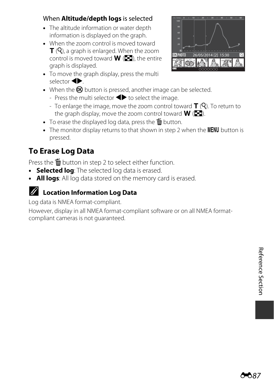 E “to erase log data, E87) f, When altitude/depth logs is selected | Location information log data | Nikon AW120 User Manual | Page 215 / 270