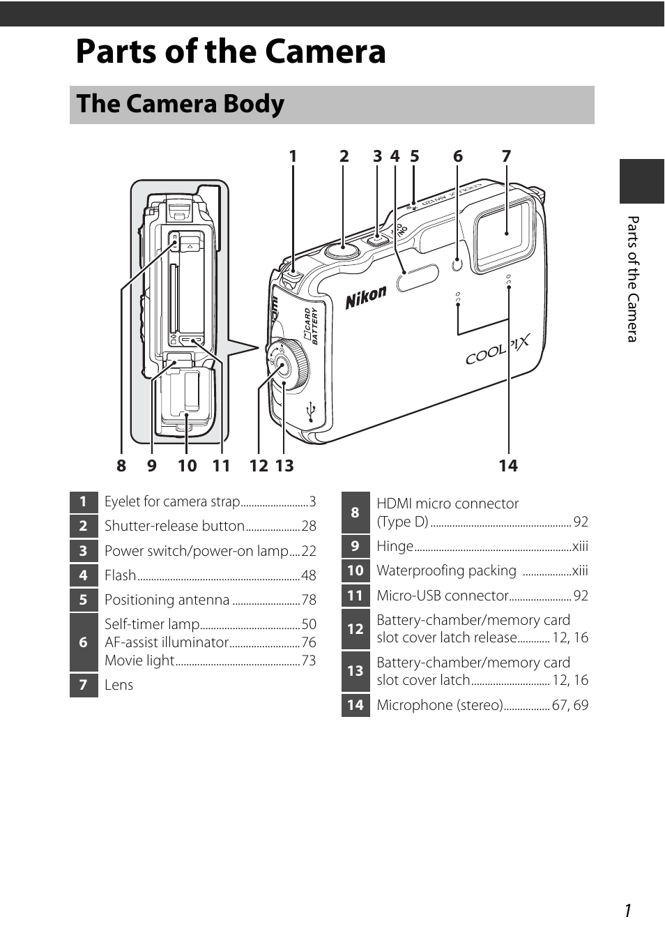 Parts of the camera, The camera body, E “parts of the camera | Nikon AW120 User Manual | Page 31 / 270