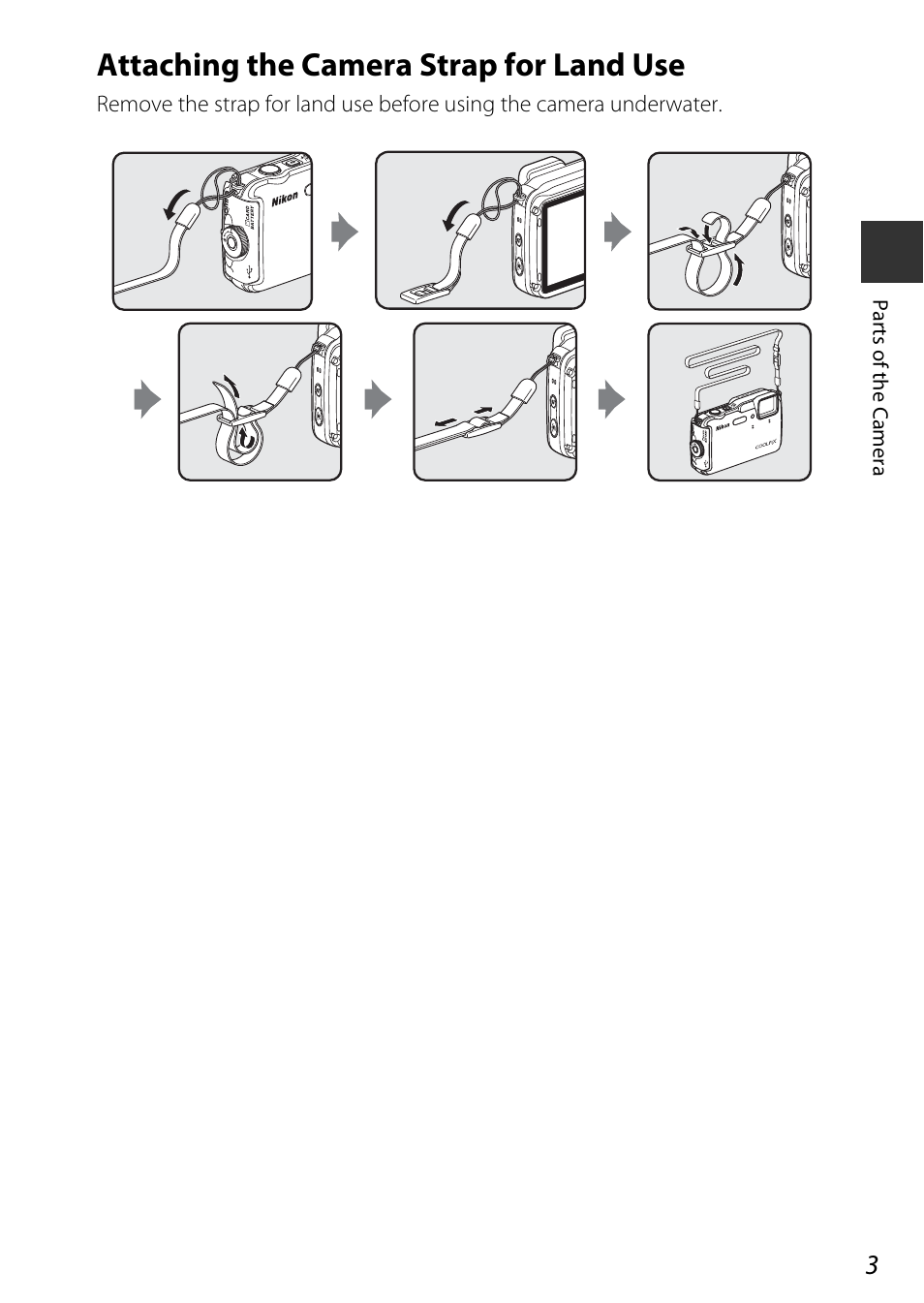 Attaching the camera strap for land use | Nikon AW120 User Manual | Page 33 / 270