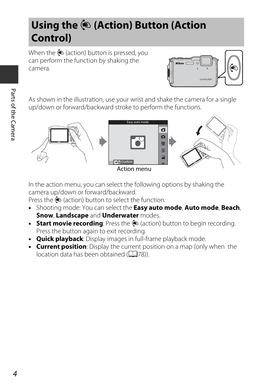 Using the action button (action control), Using the, V (action) button (action control) | Using the v (action) button (action control) | Nikon AW120 User Manual | Page 34 / 270