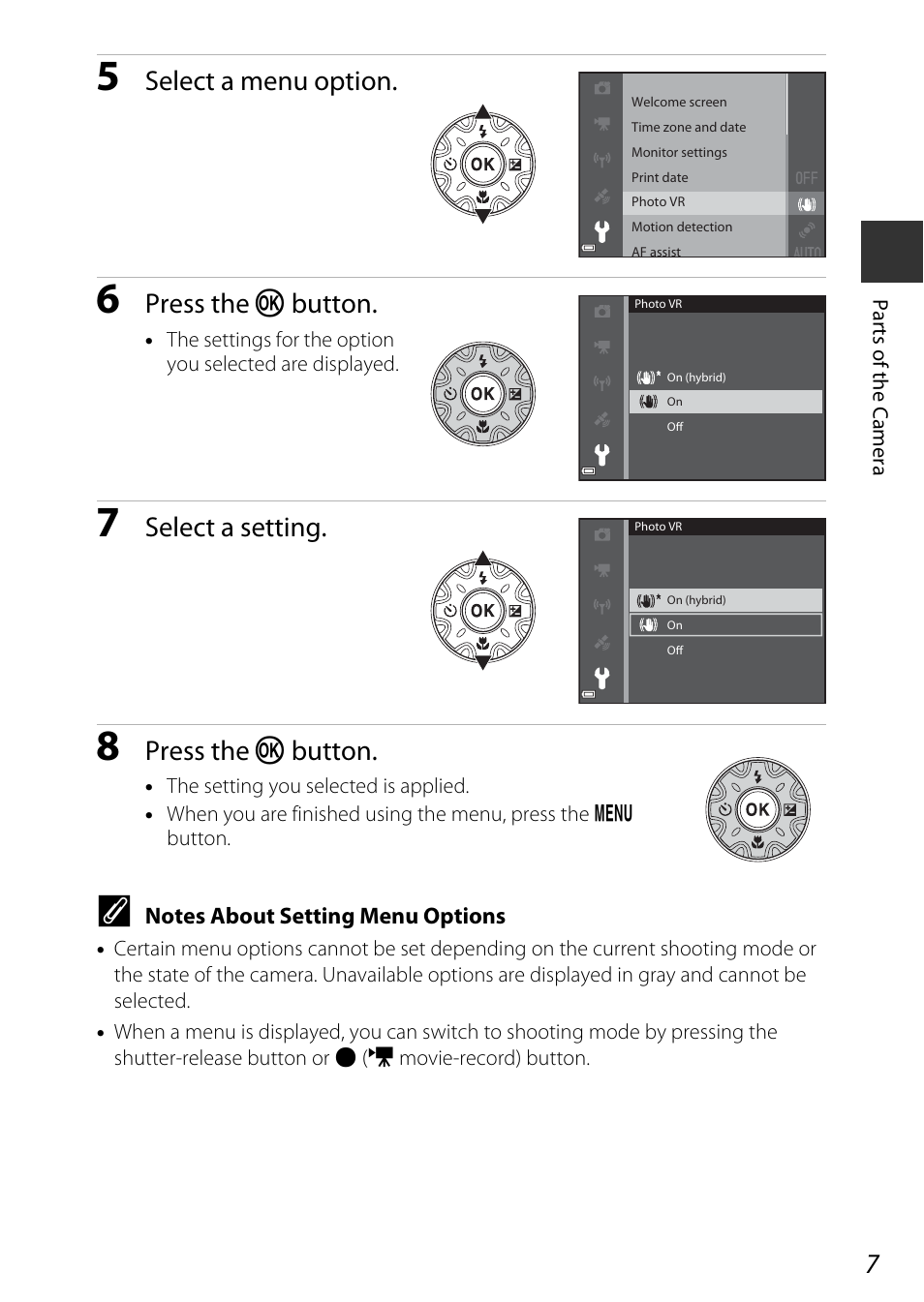 Select a menu option, Press the k button, Select a setting | Nikon AW120 User Manual | Page 37 / 270