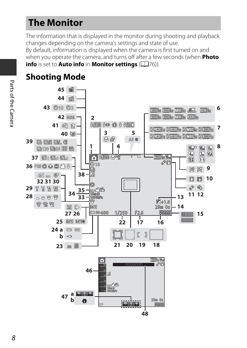 The monitor, Shooting mode | Nikon AW120 User Manual | Page 38 / 270