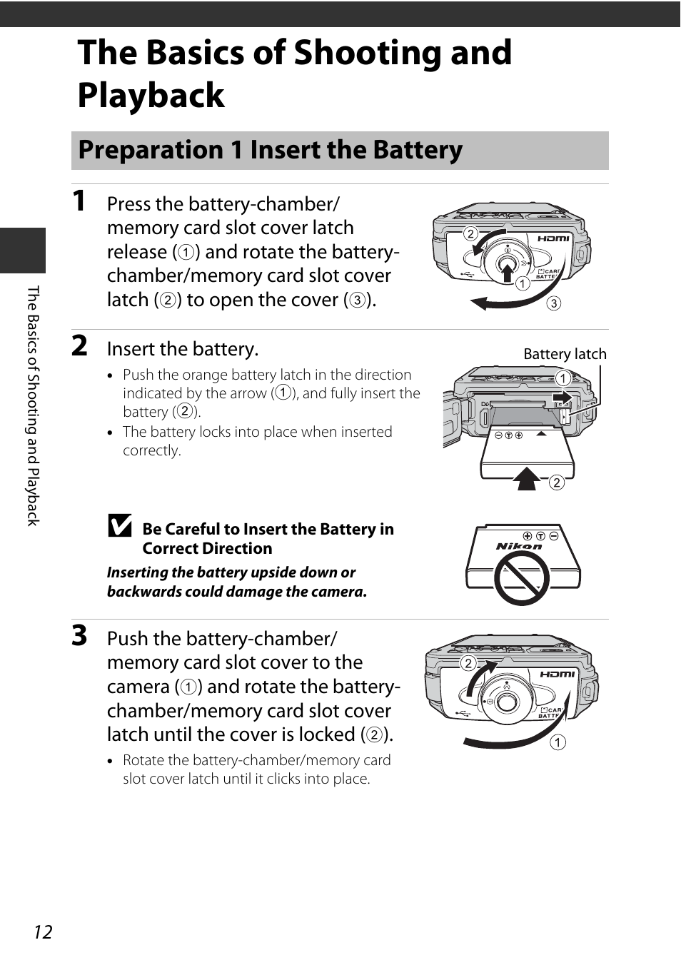 The basics of shooting and playback, Preparation 1 insert the battery, E “the basics of shooting and playback | A12) | Nikon AW120 User Manual | Page 42 / 270