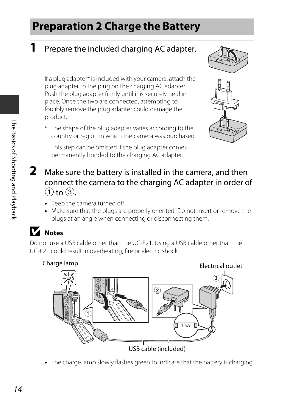Preparation 2 charge the battery, Prepare the included charging ac adapter | Nikon AW120 User Manual | Page 44 / 270