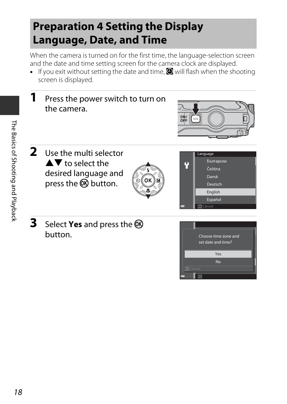 Press the power switch to turn on the camera, Select yes and press the k button | Nikon AW120 User Manual | Page 48 / 270