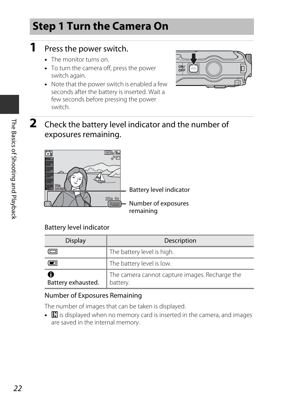 Step 1 turn the camera on, A22), Press the power switch | Nikon AW120 User Manual | Page 52 / 270