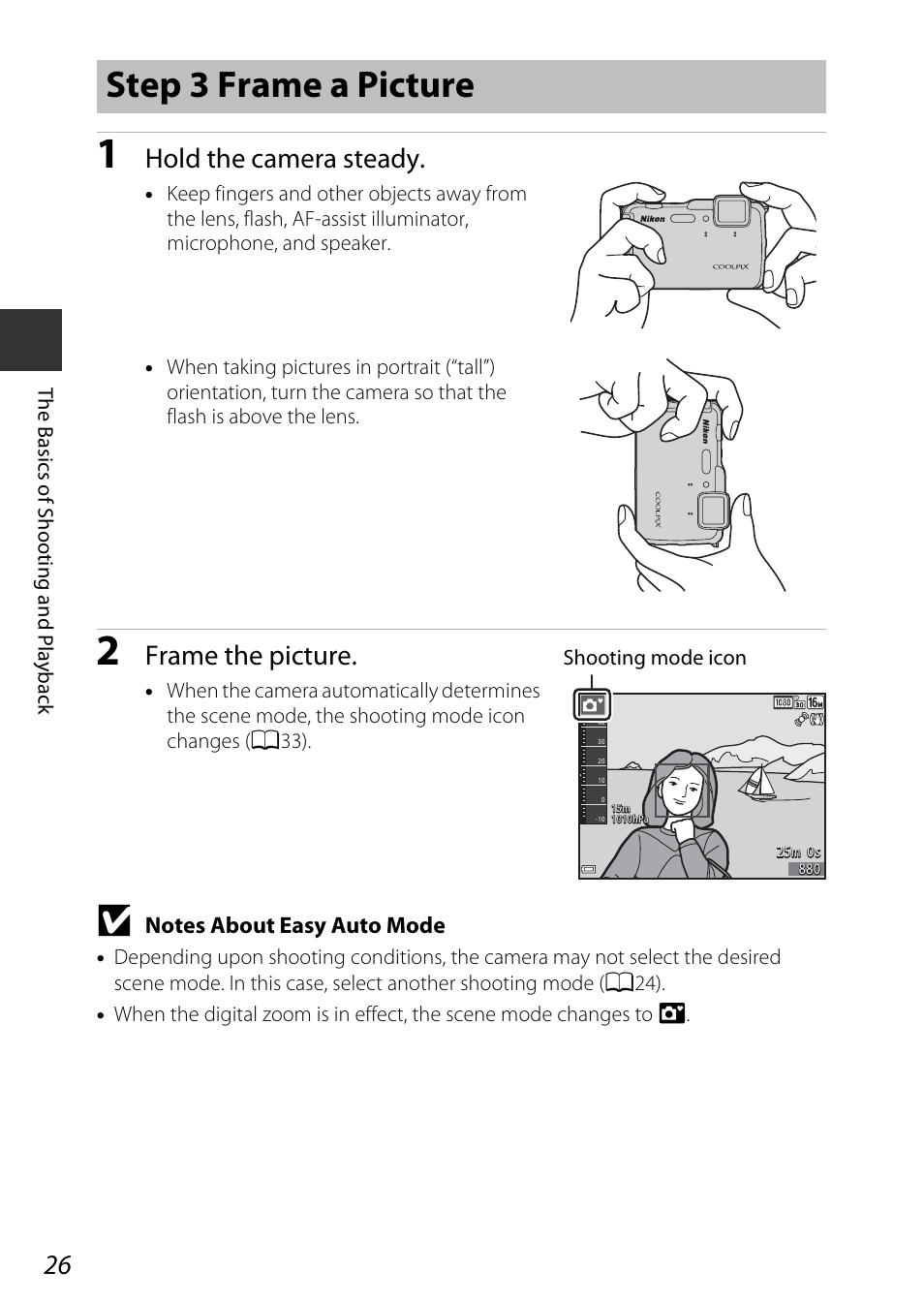 Step 3 frame a picture, Hold the camera steady, Frame the picture | Nikon AW120 User Manual | Page 56 / 270