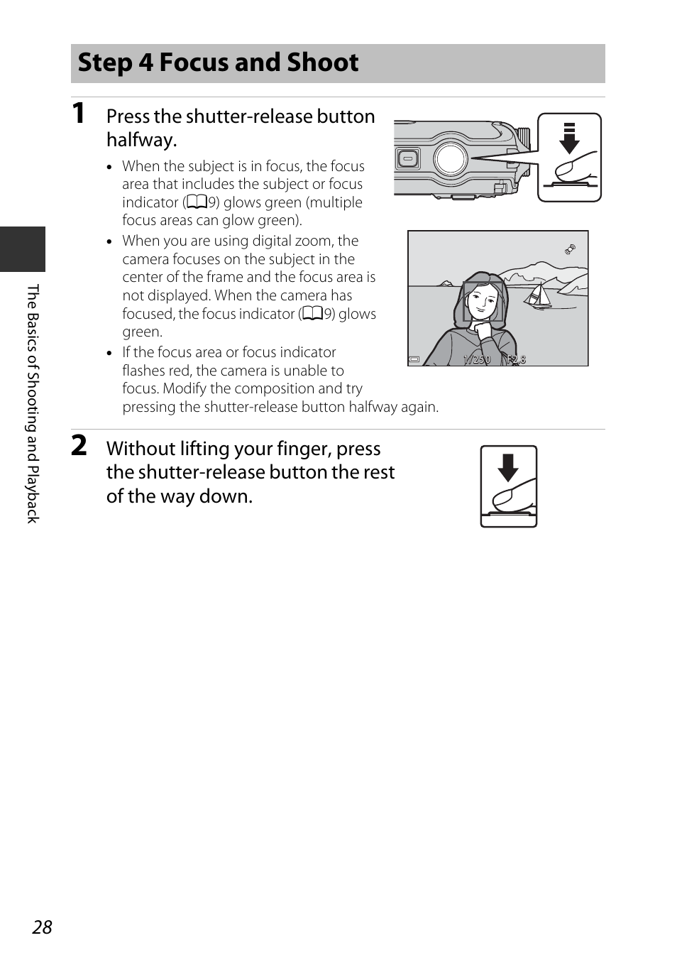 Step 4 focus and shoot, Press the shutter-release button halfway | Nikon AW120 User Manual | Page 58 / 270