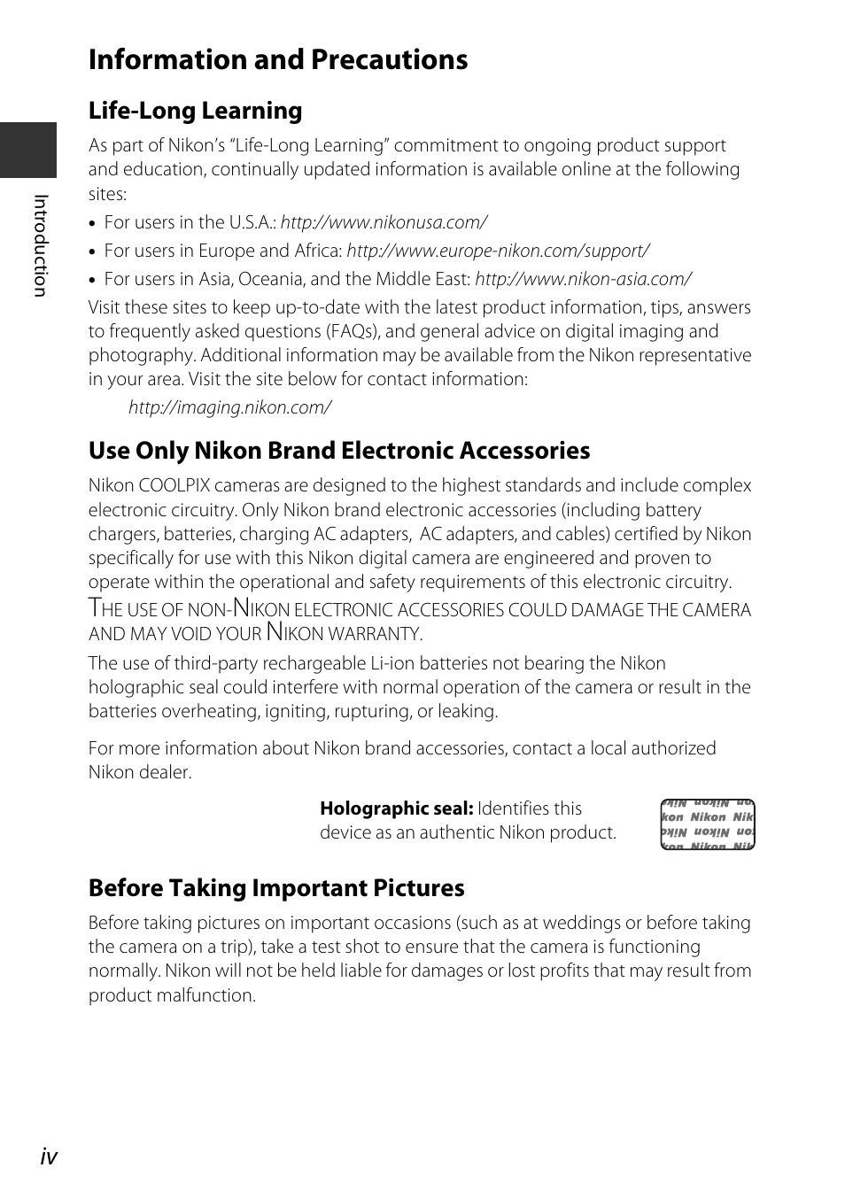 Information and precautions, Life-long learning, Use only nikon brand electronic accessories | Before taking important pictures | Nikon AW120 User Manual | Page 6 / 270