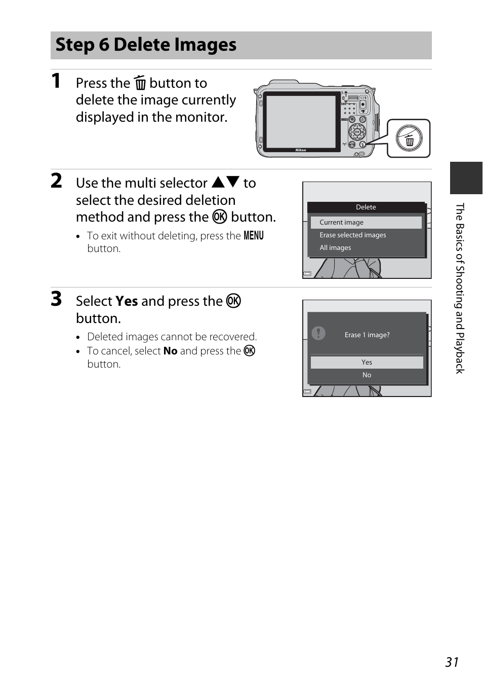 Step 6 delete images, Select yes and press the k button | Nikon AW120 User Manual | Page 61 / 270