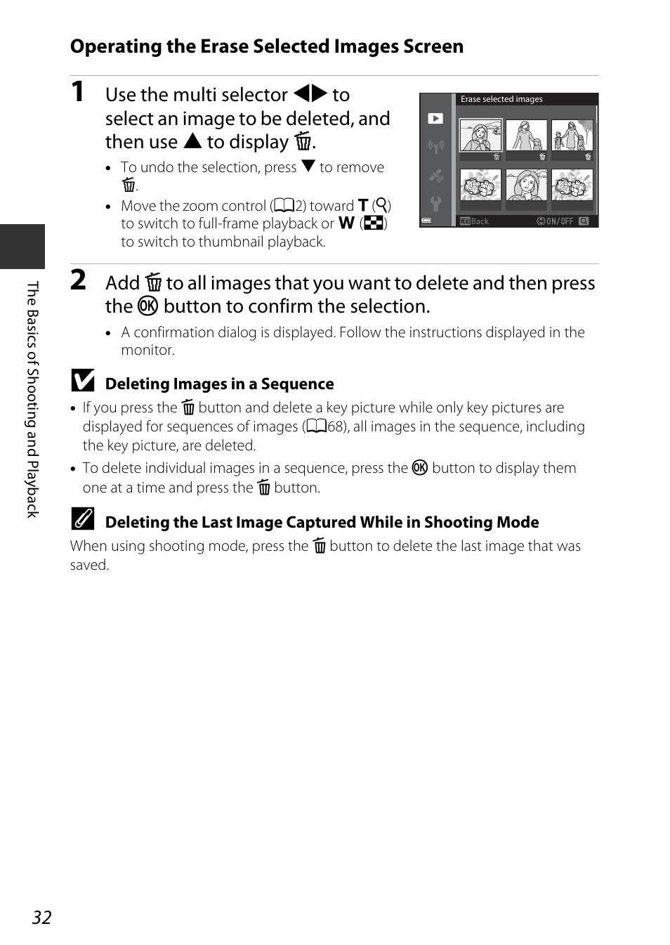 Operating the erase selected images screen | Nikon AW120 User Manual | Page 62 / 270