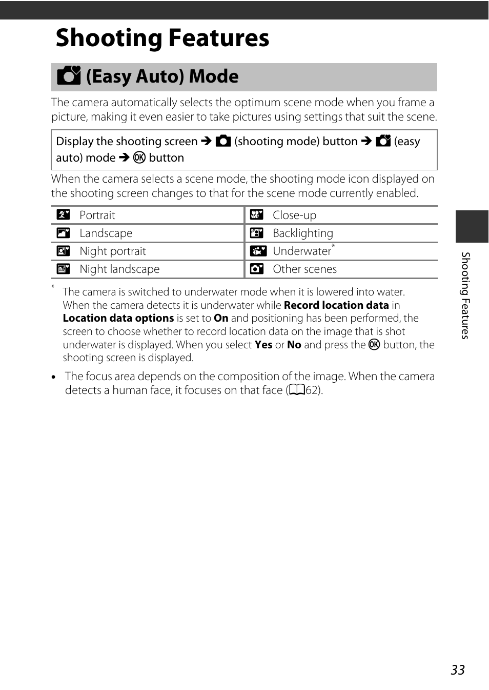 Shooting features, Easy auto mode, G (easy auto) mode | Changes, A33) | Nikon AW120 User Manual | Page 63 / 270