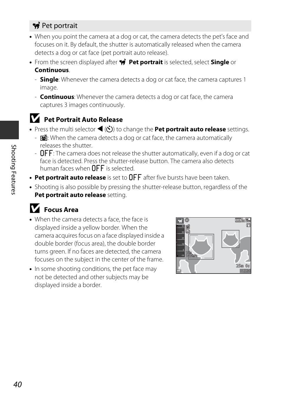 A40), O pet portrait, Pet portrait auto release | Focus area | Nikon AW120 User Manual | Page 70 / 270