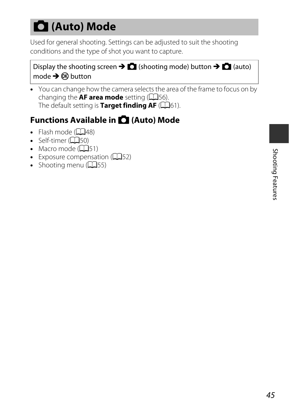 Auto mode, A (auto) mode, Functions available in a (auto) mode | Nikon AW120 User Manual | Page 75 / 270