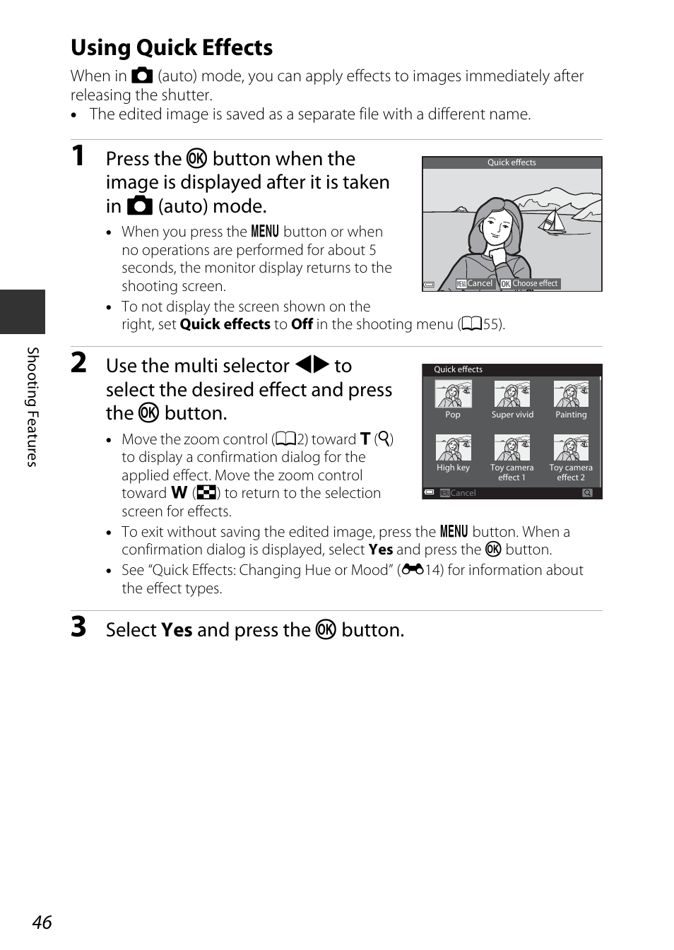 Using quick effects, Select yes and press the k button | Nikon AW120 User Manual | Page 76 / 270