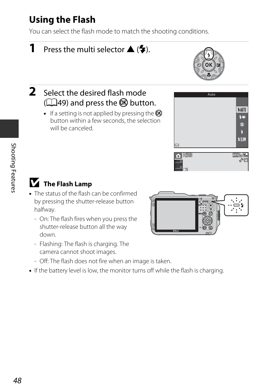 Using the flash, Flash mode (a48), A48) | Press the multi selector h (m) | Nikon AW120 User Manual | Page 78 / 270