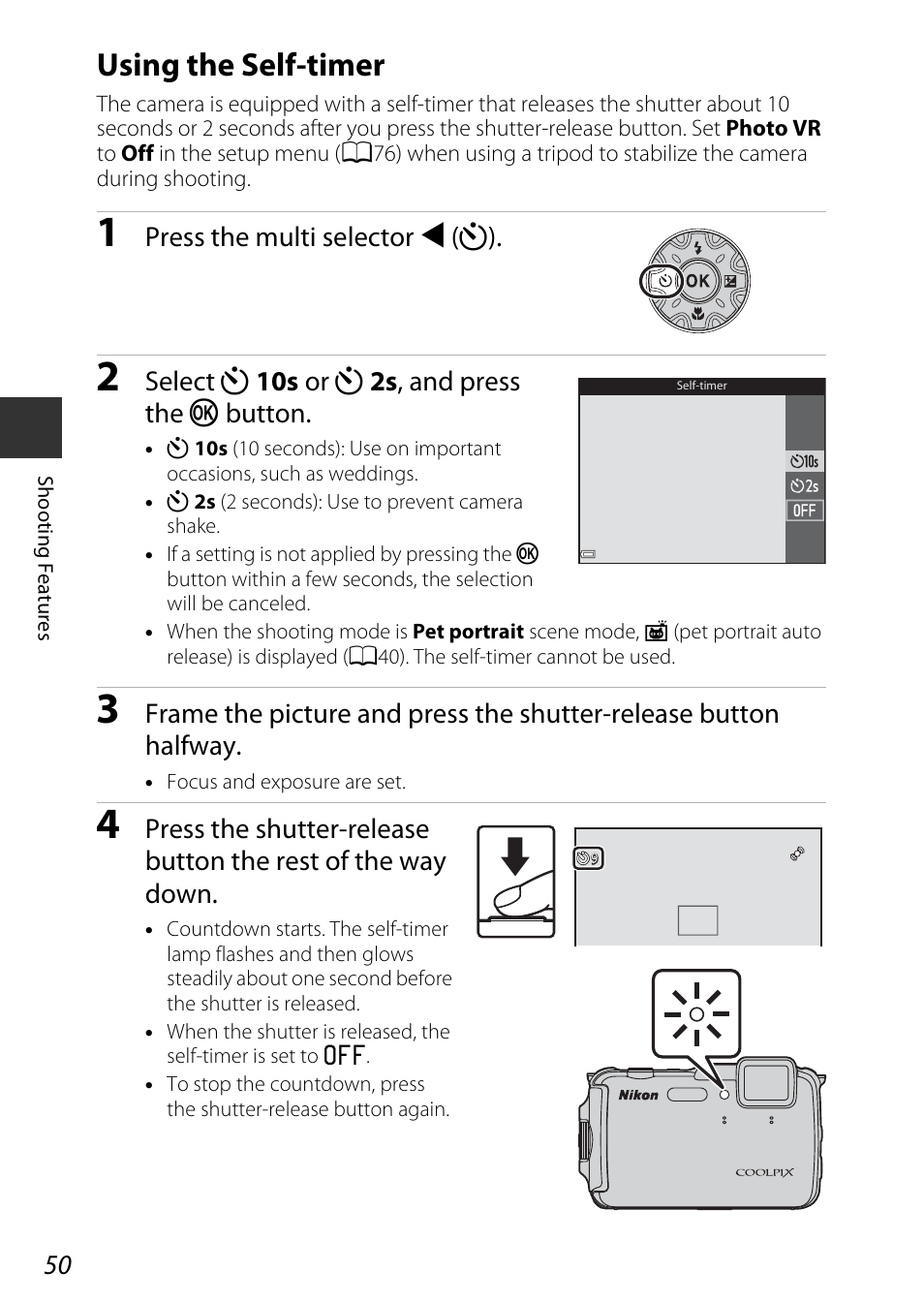 Using the self-timer, A50) | Nikon AW120 User Manual | Page 80 / 270