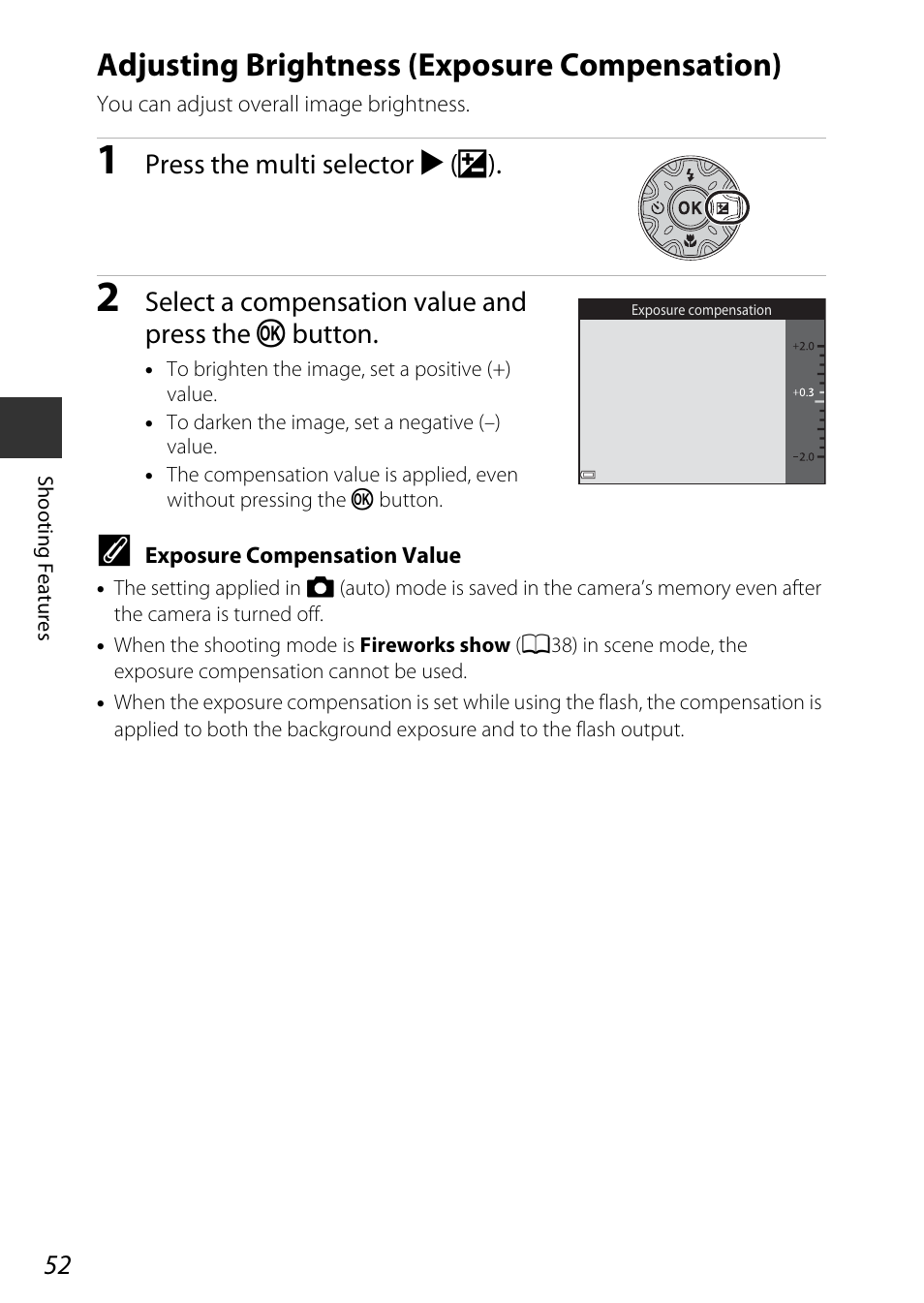 Adjusting brightness (exposure compensation), A52) | Nikon AW120 User Manual | Page 82 / 270