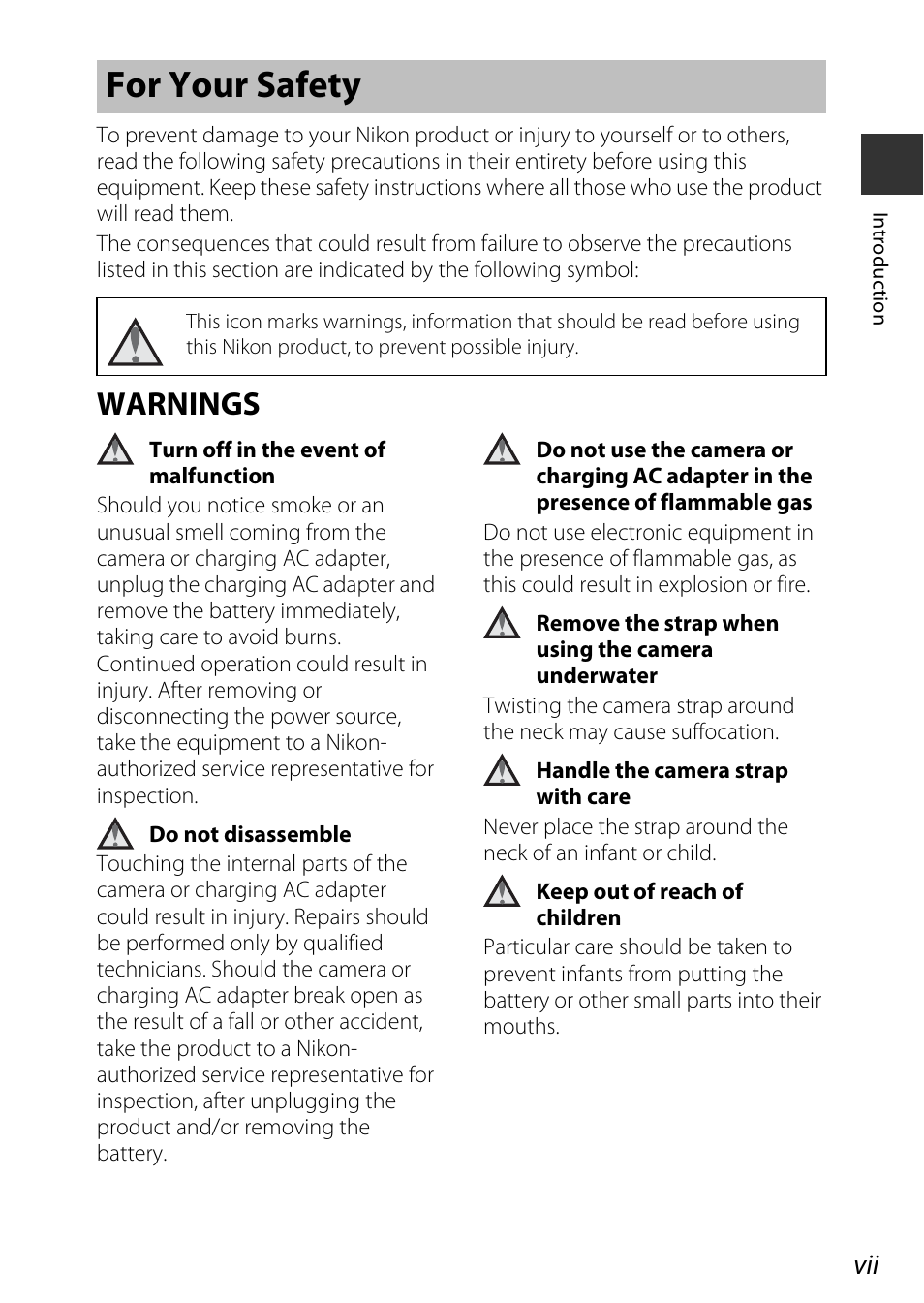 For your safety, Warnings, Avii | Nikon AW120 User Manual | Page 9 / 270