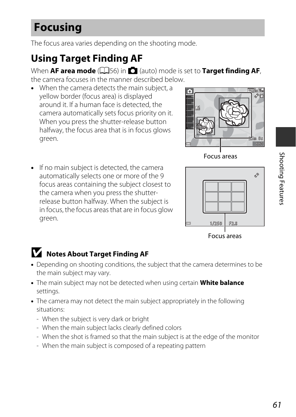 Focusing, Using target finding af, A61) | Nikon AW120 User Manual | Page 91 / 270