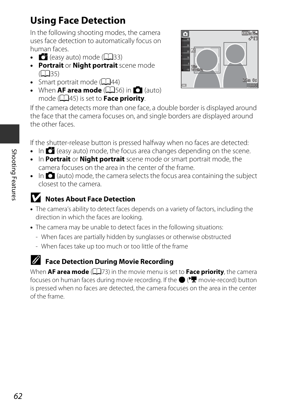 Using face detection, A62), Face detection during movie recording | Nikon AW120 User Manual | Page 92 / 270