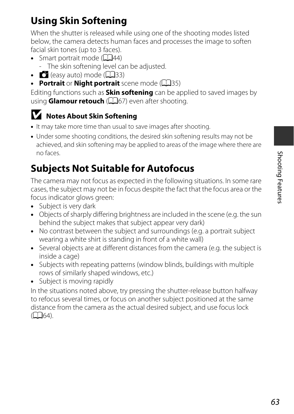 Using skin softening, Subjects not suitable for autofocus | Nikon AW120 User Manual | Page 93 / 270