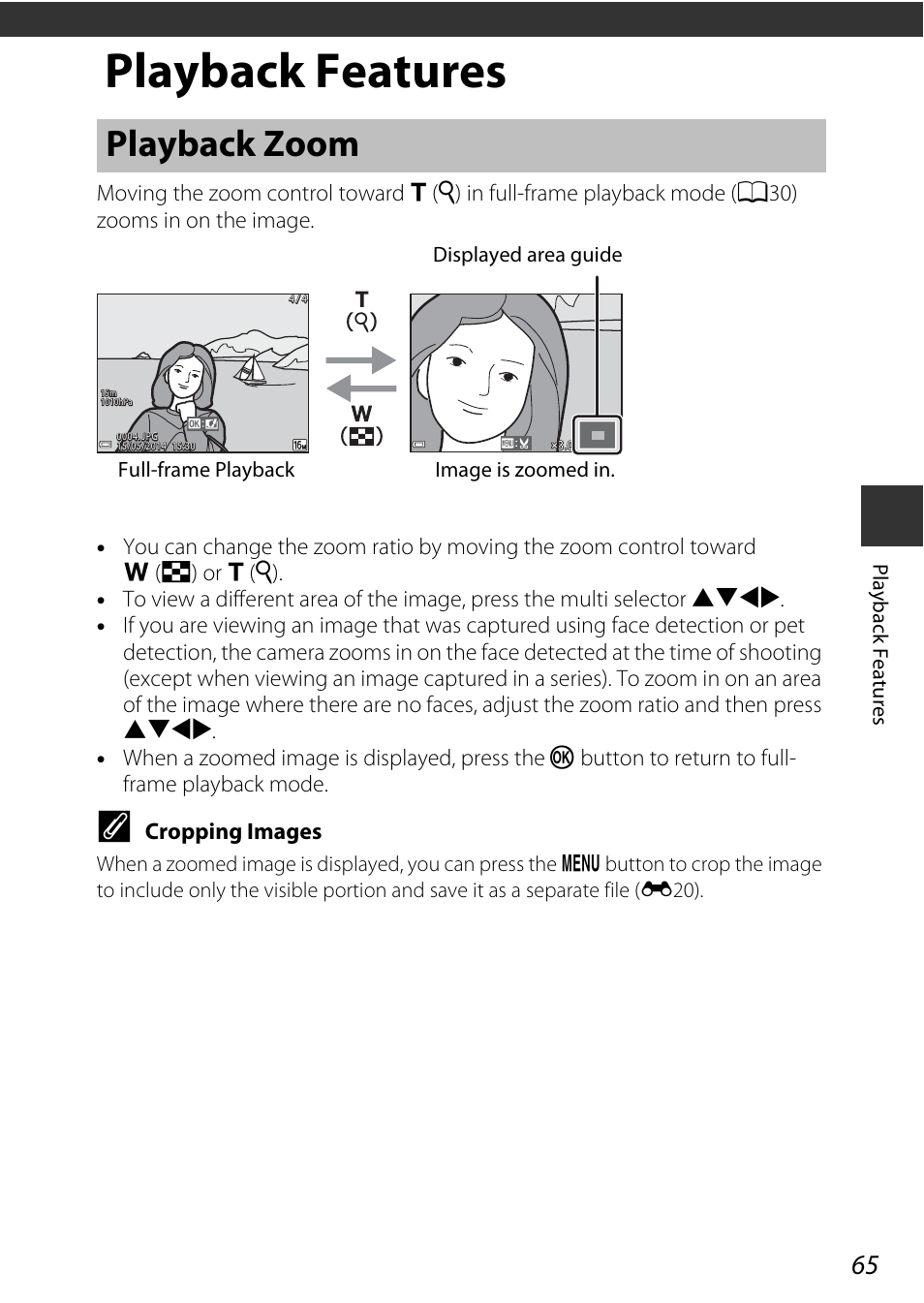 Playback features, Playback zoom, Cropping images | Nikon AW120 User Manual | Page 95 / 270