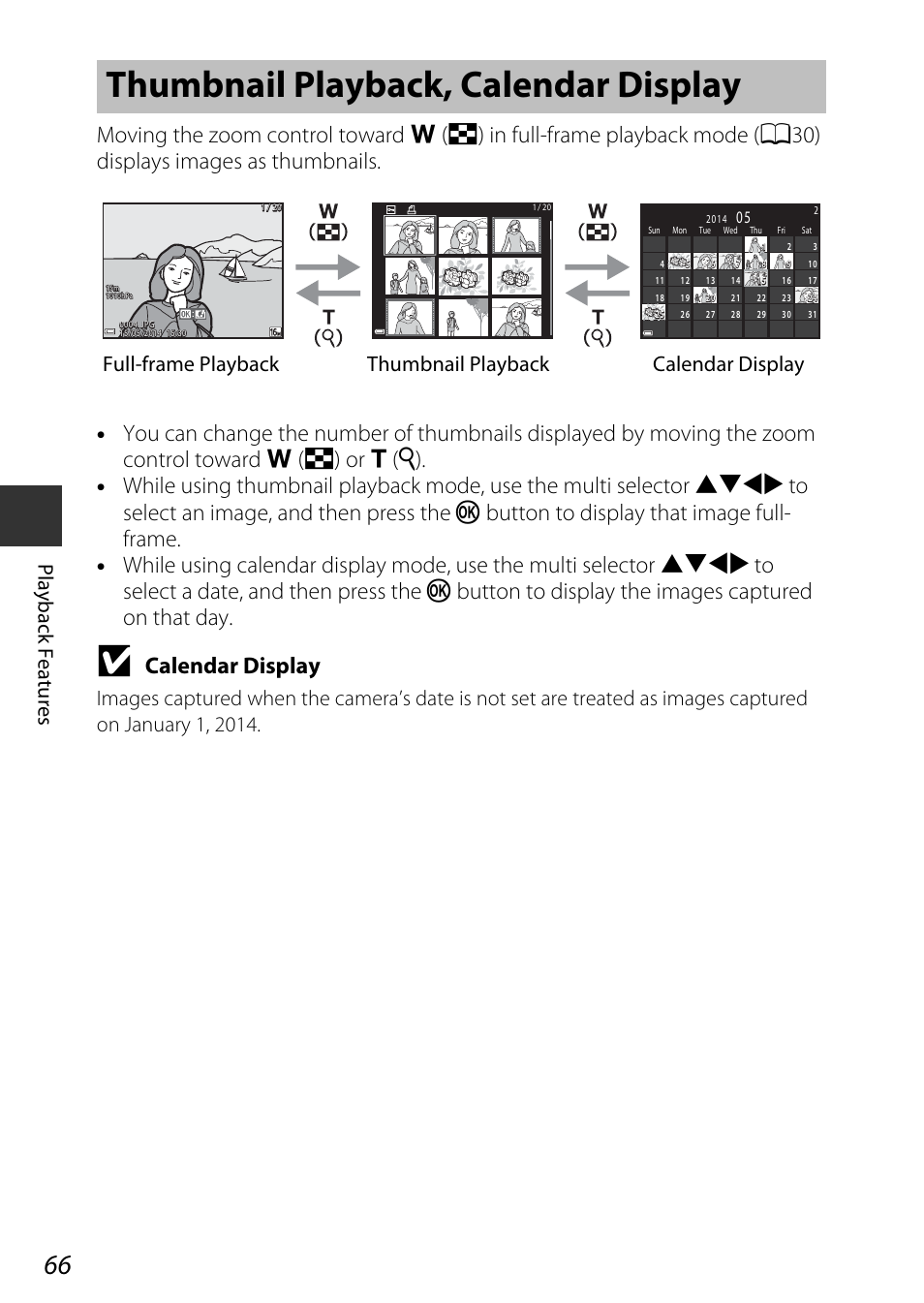 Thumbnail playback, calendar display, Calendar display, Playbac k features | Nikon AW120 User Manual | Page 96 / 270