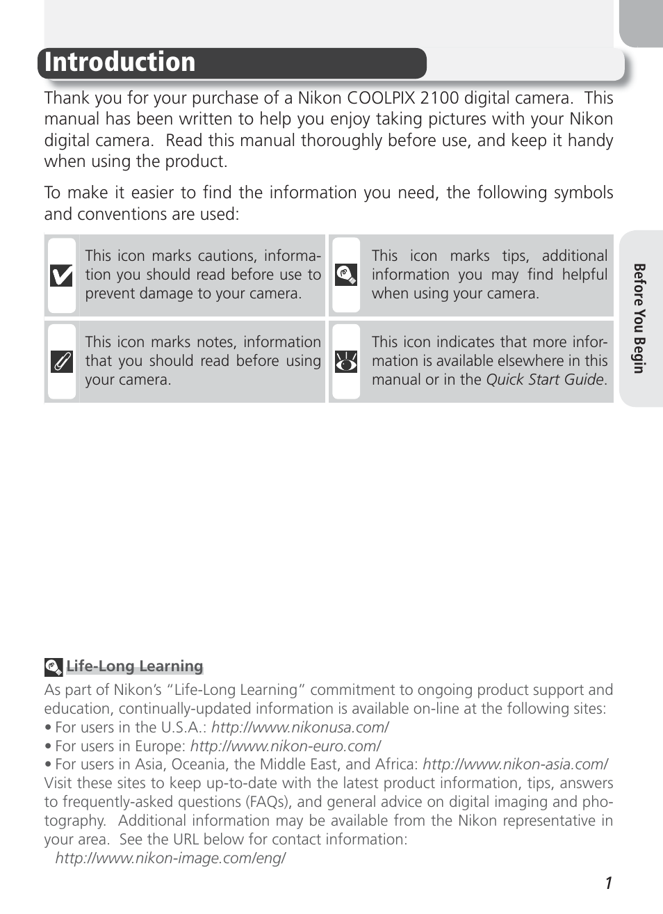 Before you begin, Introduction | Nikon 2100 User Manual | Page 11 / 104