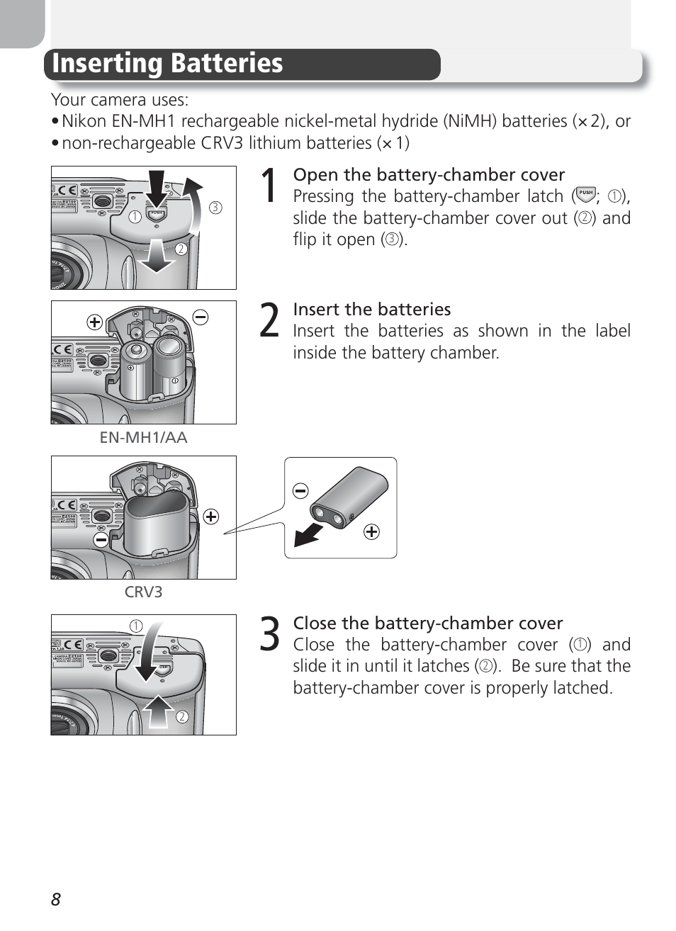 First steps, Inserting batteries | Nikon 2100 User Manual | Page 18 / 104