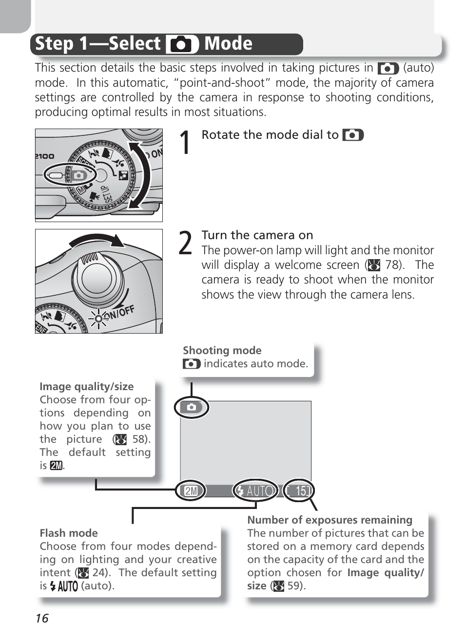 Basic photography, Step 1 —select mode | Nikon 2100 User Manual | Page 26 / 104