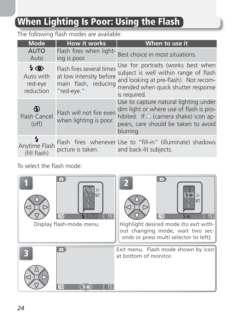 More on photography, When lighting is poor: using the flash | Nikon 2100 User Manual | Page 34 / 104