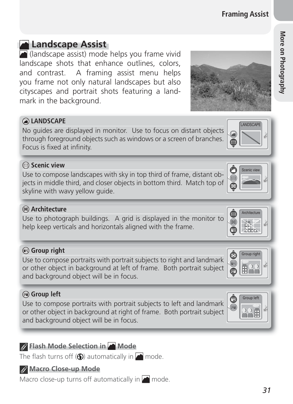 Landscape assist, 31 framing assist | Nikon 2100 User Manual | Page 41 / 104