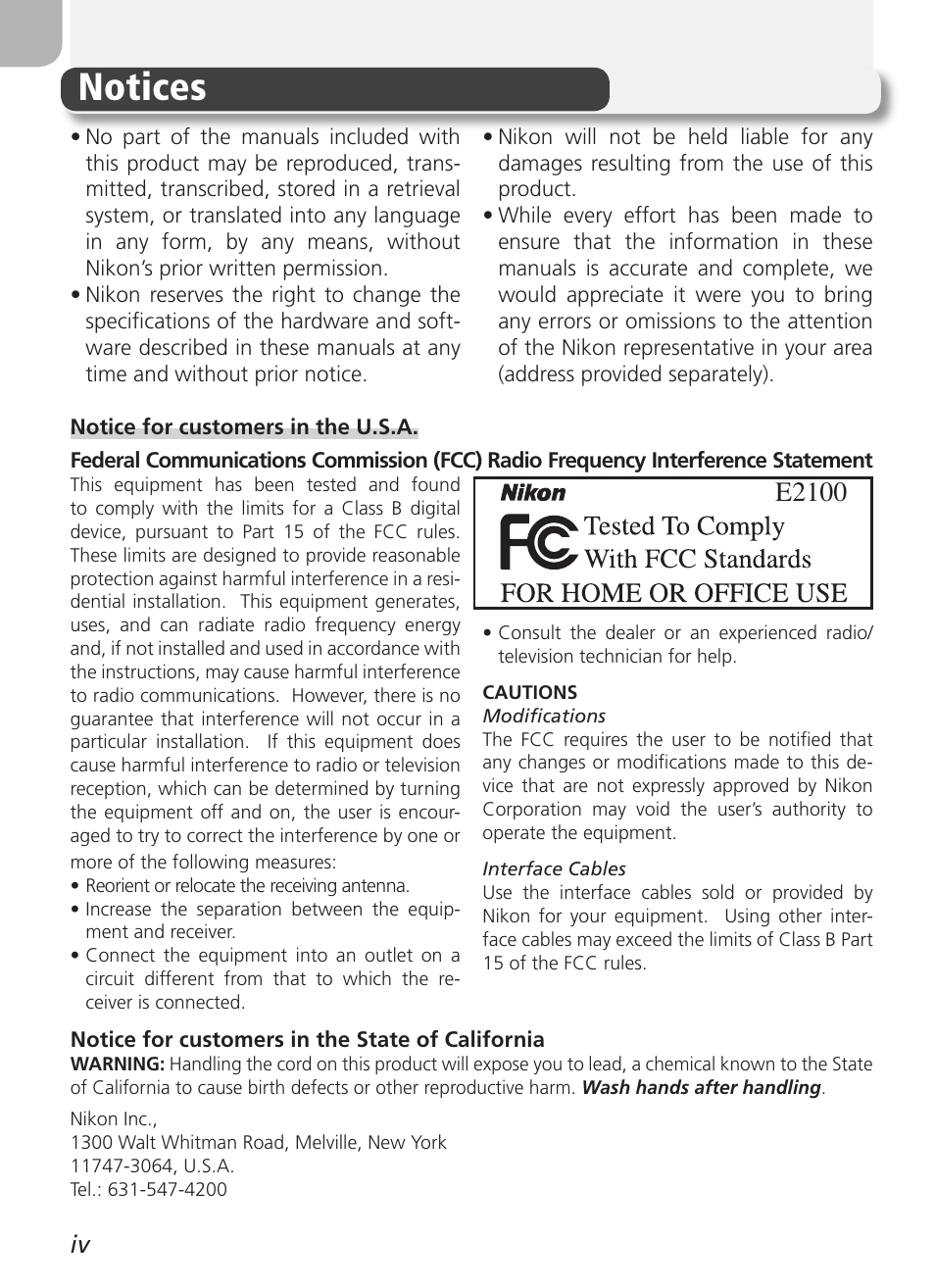 Notices, E2100 | Nikon 2100 User Manual | Page 6 / 104