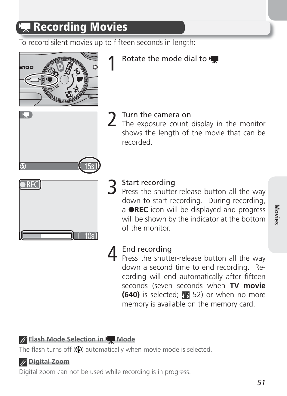 Movies, Recording movies | Nikon 2100 User Manual | Page 61 / 104