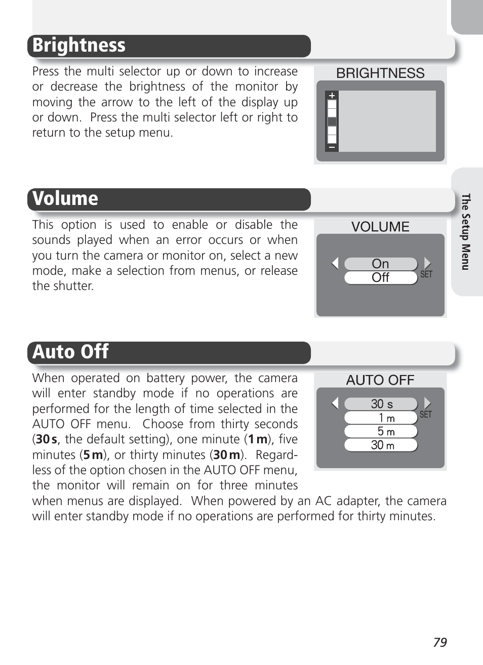 Brightness, Volume, Auto off | Brightness volume auto off | Nikon 2100 User Manual | Page 89 / 104