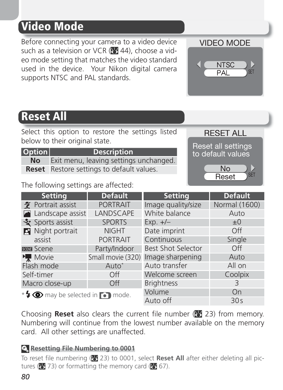 Video mode, Reset all, Video mode reset all | Nikon 2100 User Manual | Page 90 / 104