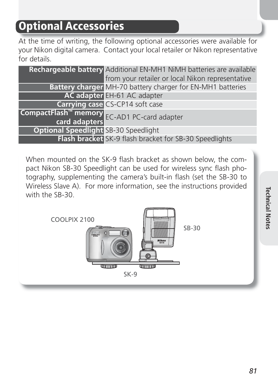 Technical notes, Optional accessories | Nikon 2100 User Manual | Page 91 / 104