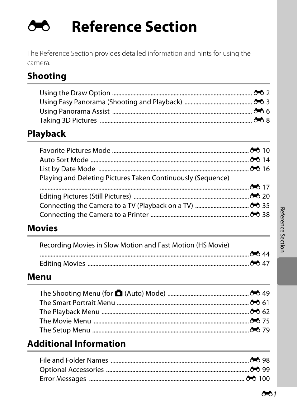 Reference section, Shooting, Playback | Movies, Menu, Additional information | Nikon S100 User Manual | Page 109 / 236