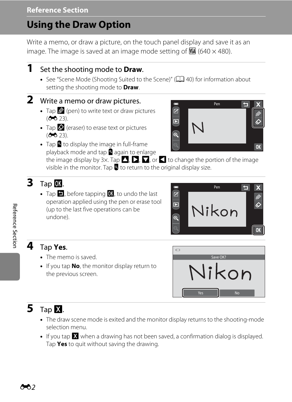 Using the draw option, Ee “using the draw option, E 2) | Nikon S100 User Manual | Page 110 / 236