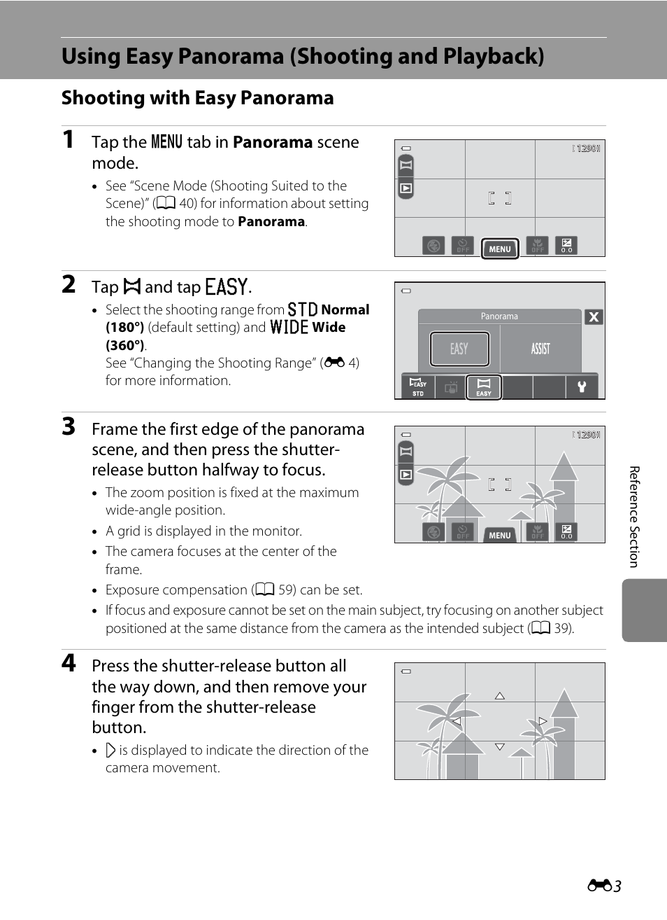 Using easy panorama (shooting and playback), Shooting with easy panorama, Ee “using easy panorama (shooting and playback) | E 3), Tap the d tab in panorama scene mode, Tap p and tap v | Nikon S100 User Manual | Page 111 / 236